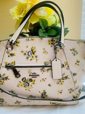 Coach Pebbled Leather Yellow and Gray Floral Cream Crossbody Shoulder Handbag